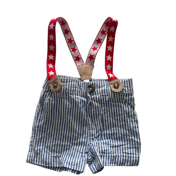 Cat & Jack 3-6M Blue Stripe Shorts W/ Red Star Suspenders 4th Of July Overalls - Picture 1 of 4